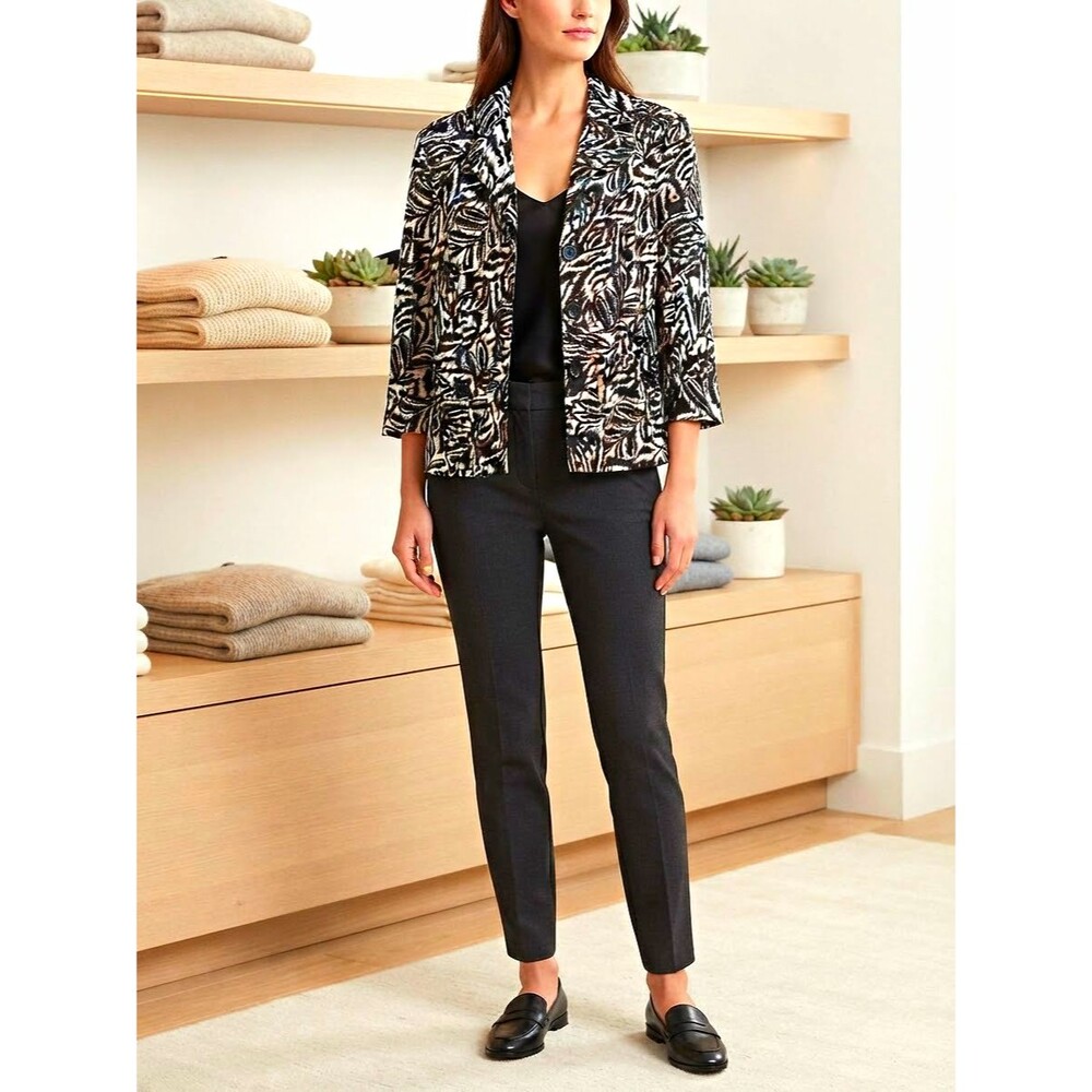 Covington Petite Women’s Black Zebra Print Button Front Lined Jacket
